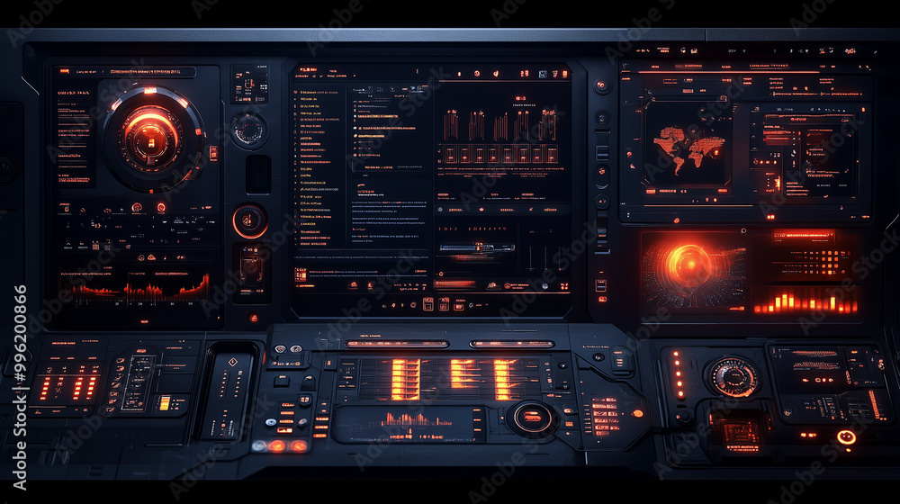 Poster a high-tech, futuristic control panel with dark tones and glowing orange lights, displaying various 