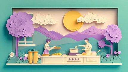 A vibrant paper art scene depicting two people cooking outdoors, surrounded by trees, mountains, and a sun, showcasing a moment of culinary joy.