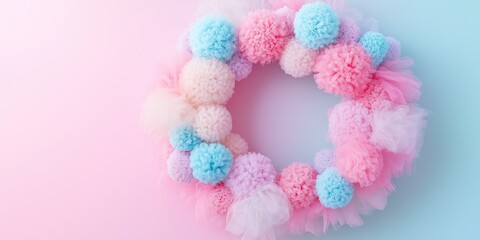 beautiful wreath made of tulle balls in pastel colors isolated on solid background