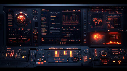 A high-tech, futuristic control panel with dark tones and glowing orange lights, displaying various digital interfaces and metrics.