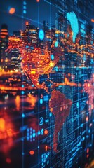 Obraz premium Colorful digital world map with data visualization and glowing city background.