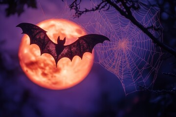 A bat flying against a full moon, intertwined with a web, creating a spooky Halloween atmosphere.