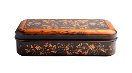 a black and orange box with floral designs. 