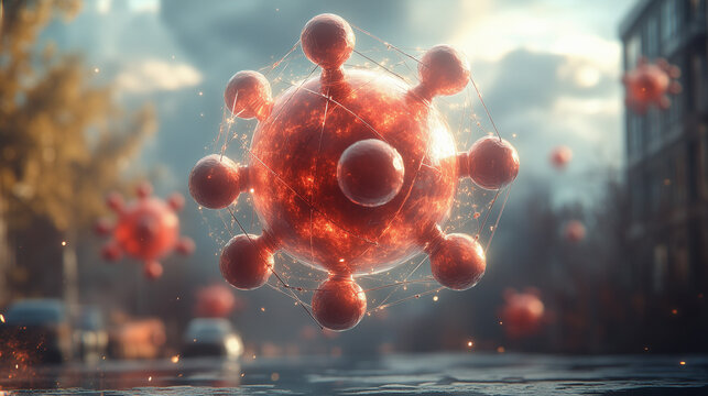 A surreal depiction of a virus floating above a street, combining elements of nature and urban life with a mysterious, atmospheric background. - Powered by Adobe