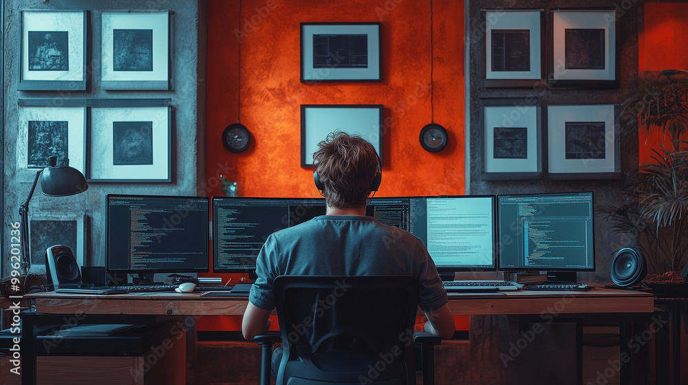 Poster a person sits in a dimly-lit room with multiple monitors, focused on coding amidst artistic decor.