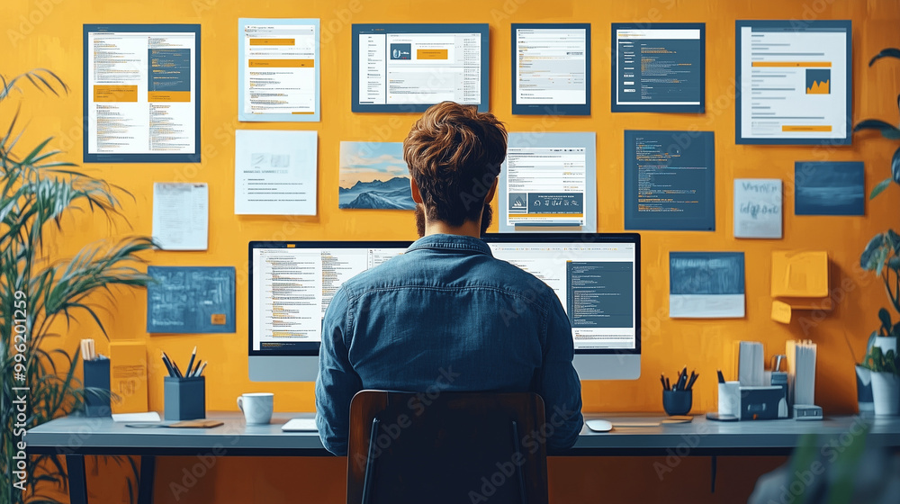 Poster a person sits at a desk working on a computer, surrounded by a colorful wall of framed documents and