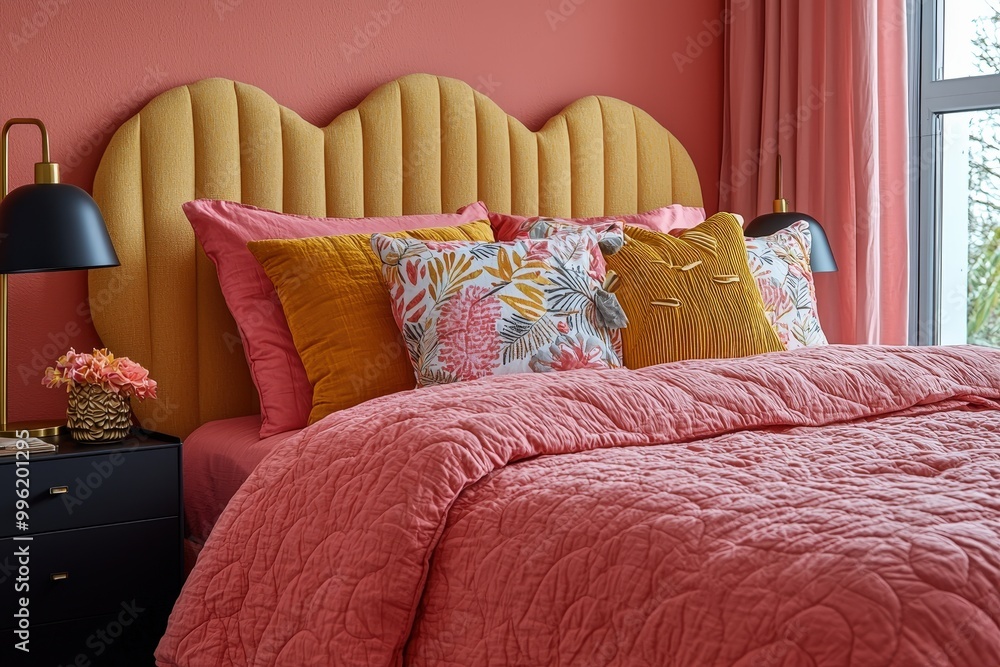 Canvas Prints This inviting bedroom showcases a beautifully designed headboard with a unique shape, vibrant pillows in assorted patterns, and a soft quilt, all under warm lighting