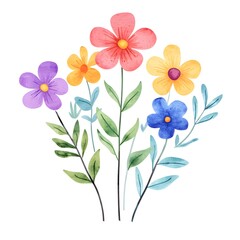 Obraz premium Watercolor spring flowers clipart, cute, colorful, white background, simple design, simple illustration,