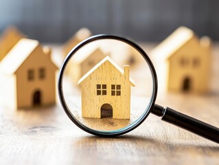 Magnifying glass focusing on a miniature wooden house among others, symbolizing real estate analysis and property inspection.
