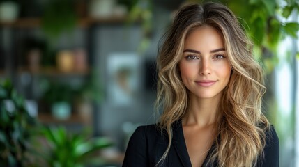 Obraz premium Portrait of a Beautiful Woman with Long Blonde Hair Smiling at the Camera