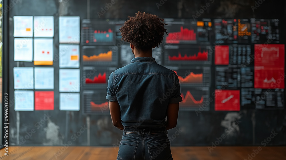 Poster a person analyzes various colorful data charts and graphs displayed on a wall, showcasing trends and