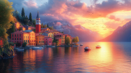 Fototapeta premium A serene sunset over a picturesque lakeside village, featuring colorful buildings, calm waters, and a beautiful sky filled with clouds and birds.