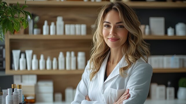 A skincare expert stands with crossed arms in a wellness clinic, showcasing a range of beauty products arranged neatly on shelves behind her, promoting a calming atmosphere