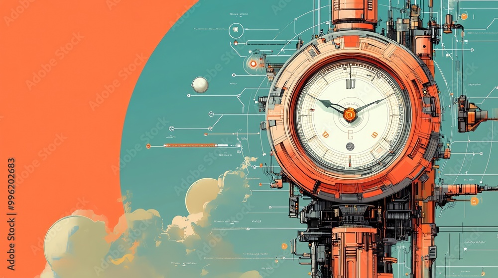 Aufkleber a stylized, retro futuristic clock design illustrating time and technology integration in a surreal 