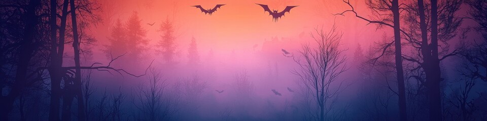 Fototapeta premium Dark forest with fog, skeletons, and witches flying on broomsticks across a purple sky, [Halloween banner], [creepy and magical Halloween night].