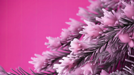 Snowy Christmas tree branches or snowy Christmas fir tree on a fuchsia background