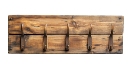 a wooden coat rack with hooks. 