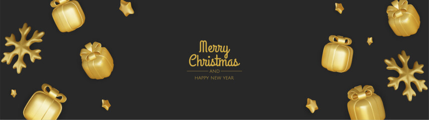 Christmas holiday banner. Christmas tree and xmas ball, gift, snowflakes. Gold and red glitter decoration. For holiday headers, cards, party posters.