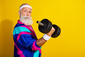 Photo portrait poster of handsome granddad sportsman proud lift weights wear trendy vintage...