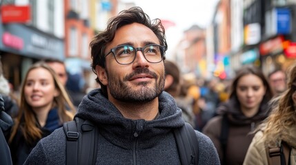 Fototapeta premium Man with Glasses Looking Up in Busy Street