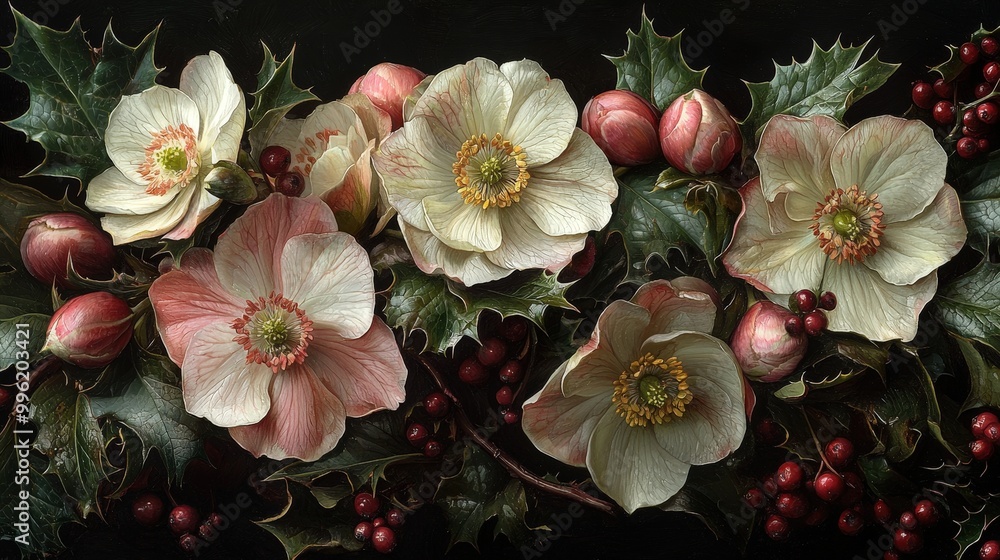 Aufkleber a stunning grouping of white and soft pink flowers interspersed with holly leaves and clusters of br