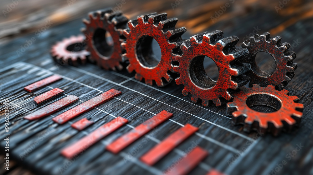 Poster a close-up of interlocking red gears on a wooden surface, illustrating mechanical design and enginee