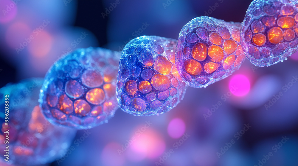 Poster a vibrant, microscopic view of interconnected cells, showcasing intricate structures with glowing pa