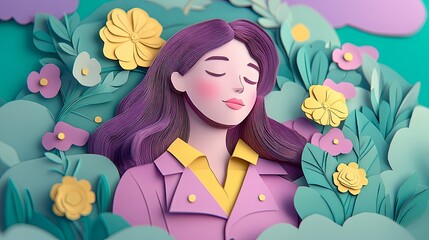 A whimsical paper art scene depicting a serene woman surrounded by colorful flowers and greenery, evoking tranquility and creativity.