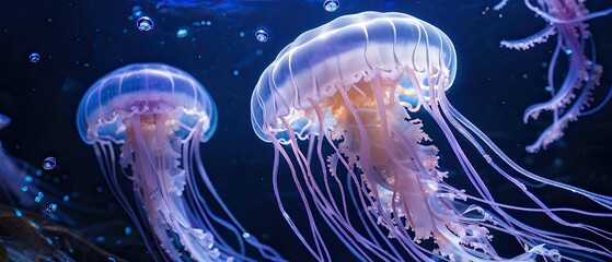 Obraz premium Underwater Photograph of Jellyfish Illuminated in Blue Ocean Depths With Bioluminescence Effect