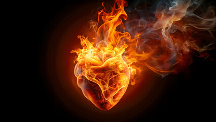 Abstract human heart on fire on black background, heart, fire, abstract, flames, burning, passionate, love, emotion