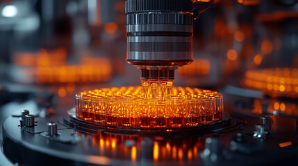 A close-up of a high-tech machine processing glowing orange materials, showcasing advanced technology in a futuristic environment.