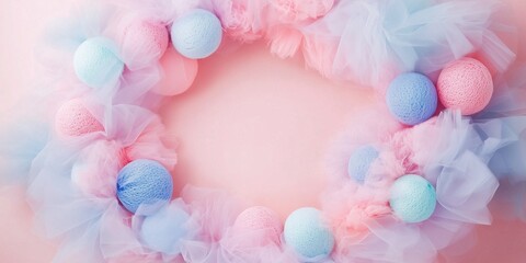 beautiful wreath made of tulle balls in pastel colors isolated on solid background