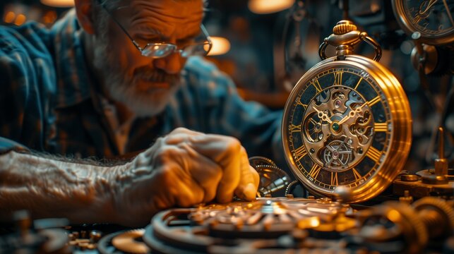 A Skilled Watchmaker Repairs a Vintage Timepiece in His Workshop Filled With Intricate Gears
