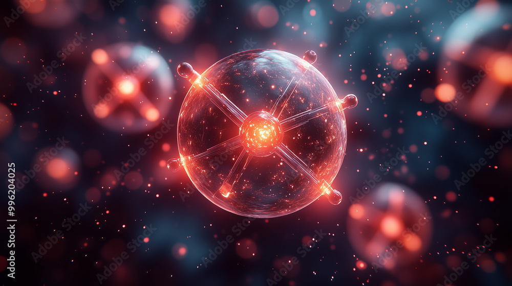 Poster a vibrant depiction of atoms surrounded by glowing particles, illustrating the dynamic nature of ato