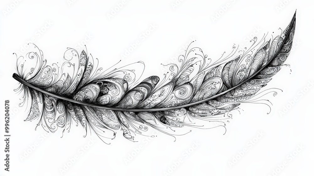 Poster a detailed feather, artistically rendered with swirling motifs and fine lines, stretches across a pl