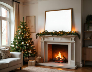 Fototapeta premium A cozy living room with a fireplace, a Christmas tree, and a blank white frame on the mantel