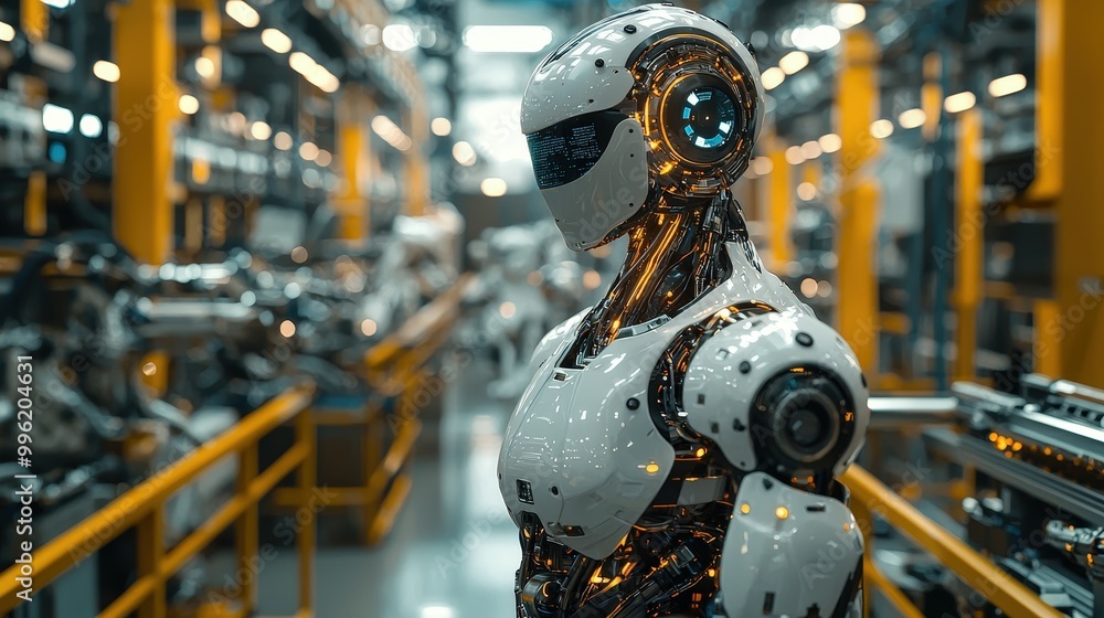Aufkleber A humanoid robot with intricate design stands amidst a busy factory, surrounded by various machines and equipment, highlighting the fusion of technology and manufacturing