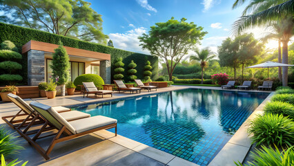 Fototapeta premium Luxurious swimming pool with sparkling blue water, surrounded by elegant landscaping and lounge chairs, luxury