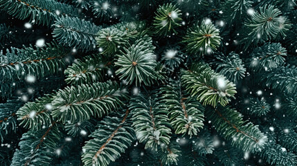 Snowy Christmas tree branches or snowy Christmas fir tree on a dark green background