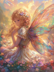 Fototapeta premium Charming fairy with shimmering wings amidst a floral paradise and vivid rainbows, casting a sparkling glow over the magical scenery,