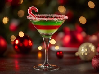 Christmas martini with red and green layers, garnished with a candy cane, served in a frosted glass 