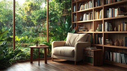 Cozy farmhouse reading nook featuring a plush armchair