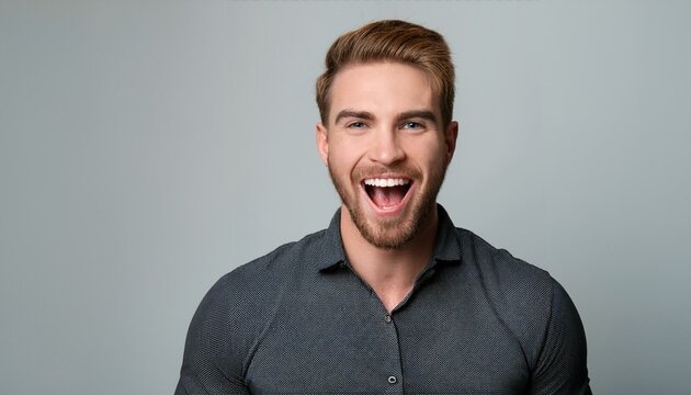 A man is opening his mouth and showing his tongue with a happy facial expression on his face; portrait photography; a man being funny and showing his fun personality; a white man