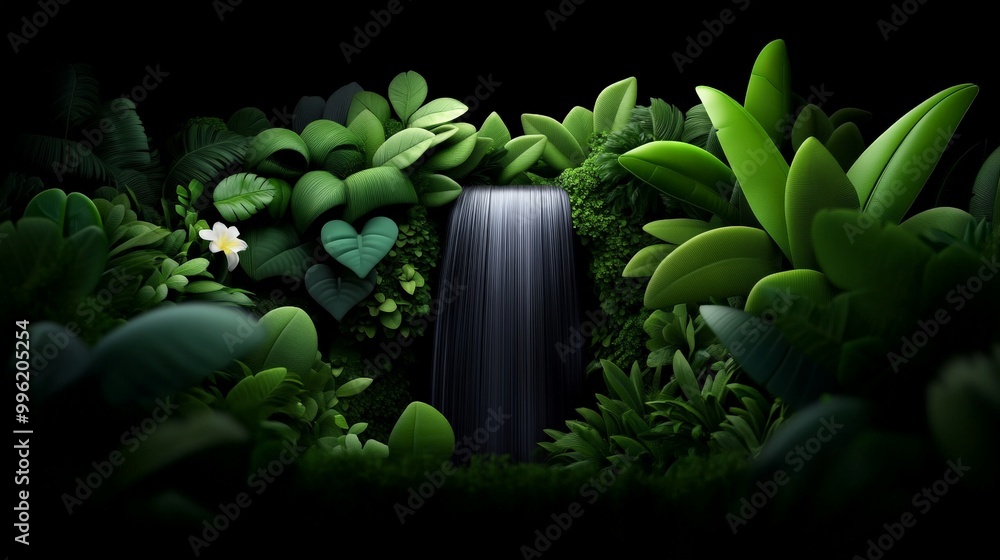 Poster Serene Waterfall Oasis: Lush greenery embraces a cascading waterfall, creating a tranquil and enchanting scene.  A hidden heart-shaped leaf adds a touch of magic.