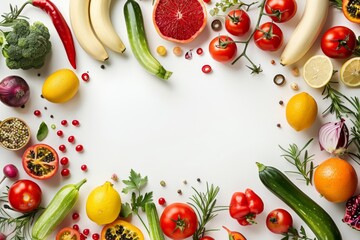 playful arrangement fruits vegetables white surface creating diagonal frame from left bottom right Include colorful items like bananas bell peppers tomatoes herbs empty space sides frame perfect addin