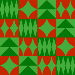 Christmas seamless pattern with red and green geometric elements. Flat style. Template for winter holidays design. Vector illustration
