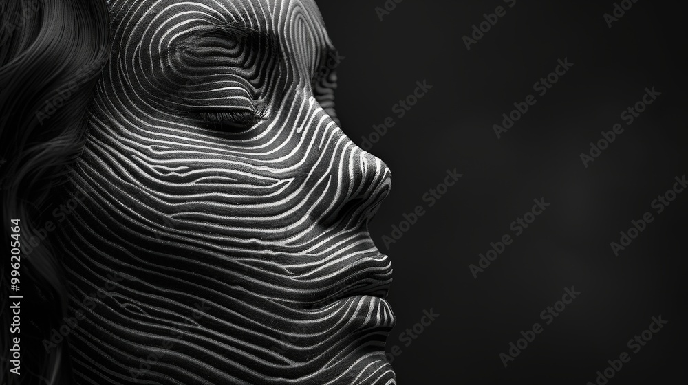Poster A close-up view features a woman’s profile, her face elegantly covered with unique fingerprint  line patterns that create an artistic interplay of light and shadow