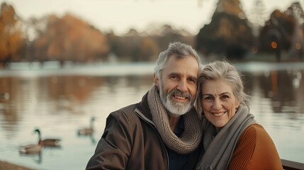 Happy middle-aged couple sitting on a park bench, smiling and enjoying the serene lake view with ducks swimming, symbolizing life satisfaction and contentment.