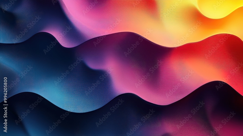 Poster A dynamic display of colorful waves undulates across the surface, blending vibrant gradients of pink, blue, and orange. The smooth curves create an engaging visual flow