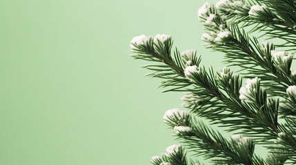 Obraz premium Snowy Christmas tree branches or snowy Christmas fir tree on a light lime background
